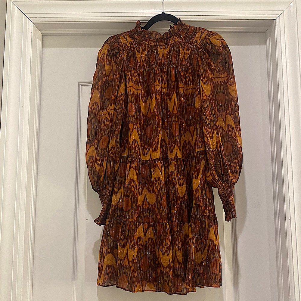 Ulla Johnson Geometric Brown Mini Dress with mock turtleneck